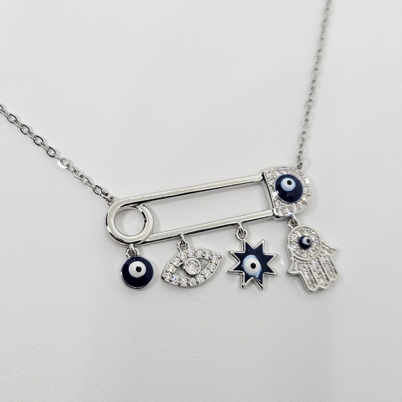Trendy 925 Sterling Silver Plated Boho Evil Eye Pendant Safety Pin Necklace - Picture 4 of 8